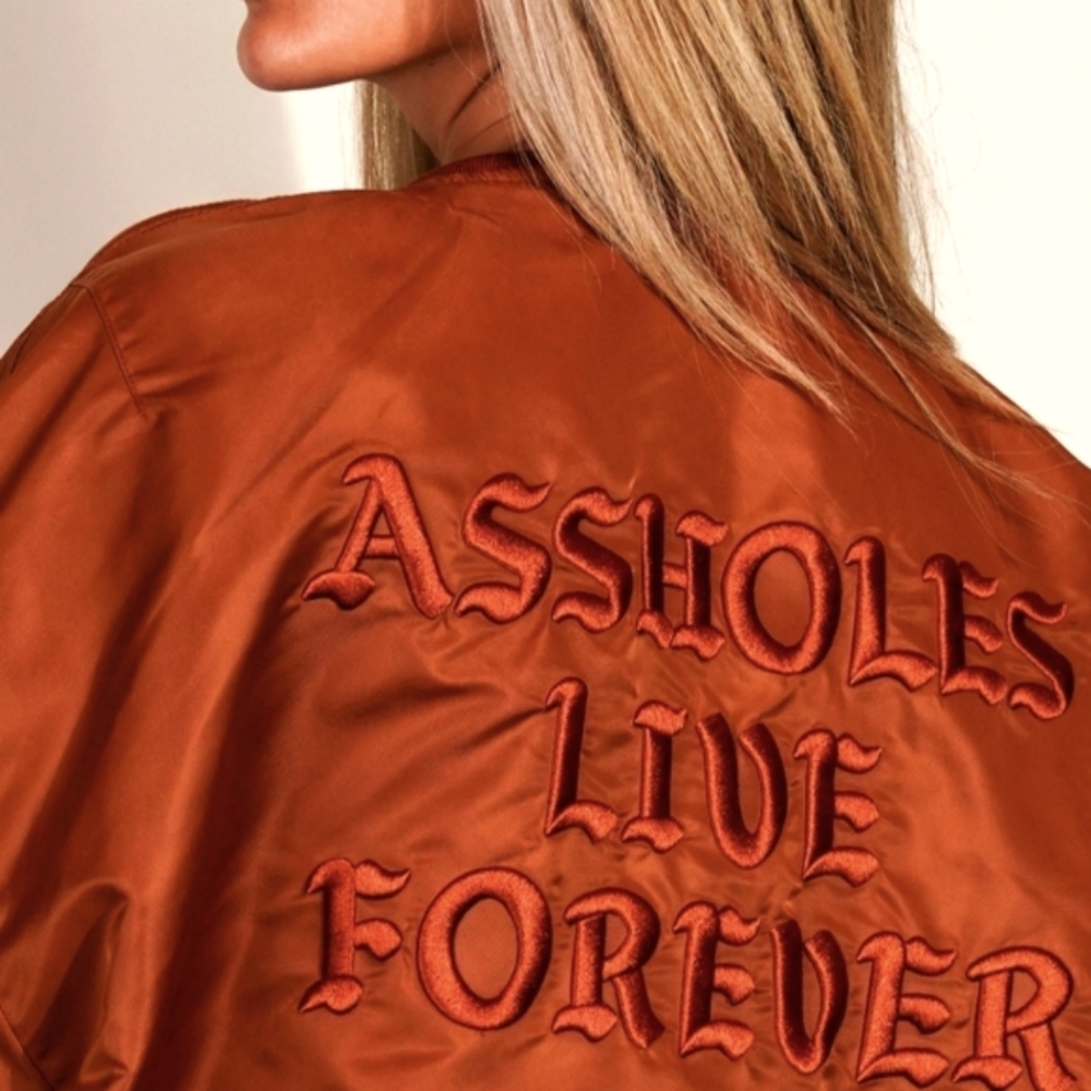 NWT Assholes Live Forever Brown Tan Reversible Bomber Jacket ALF Unisex Size 2XL - Picture 1 of 15